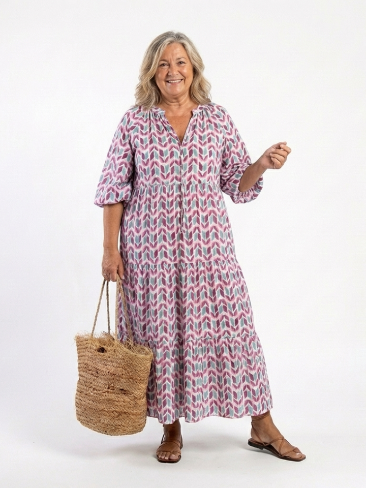 Calen | Geometric Print Long Sleeve Tiered Midi Dress