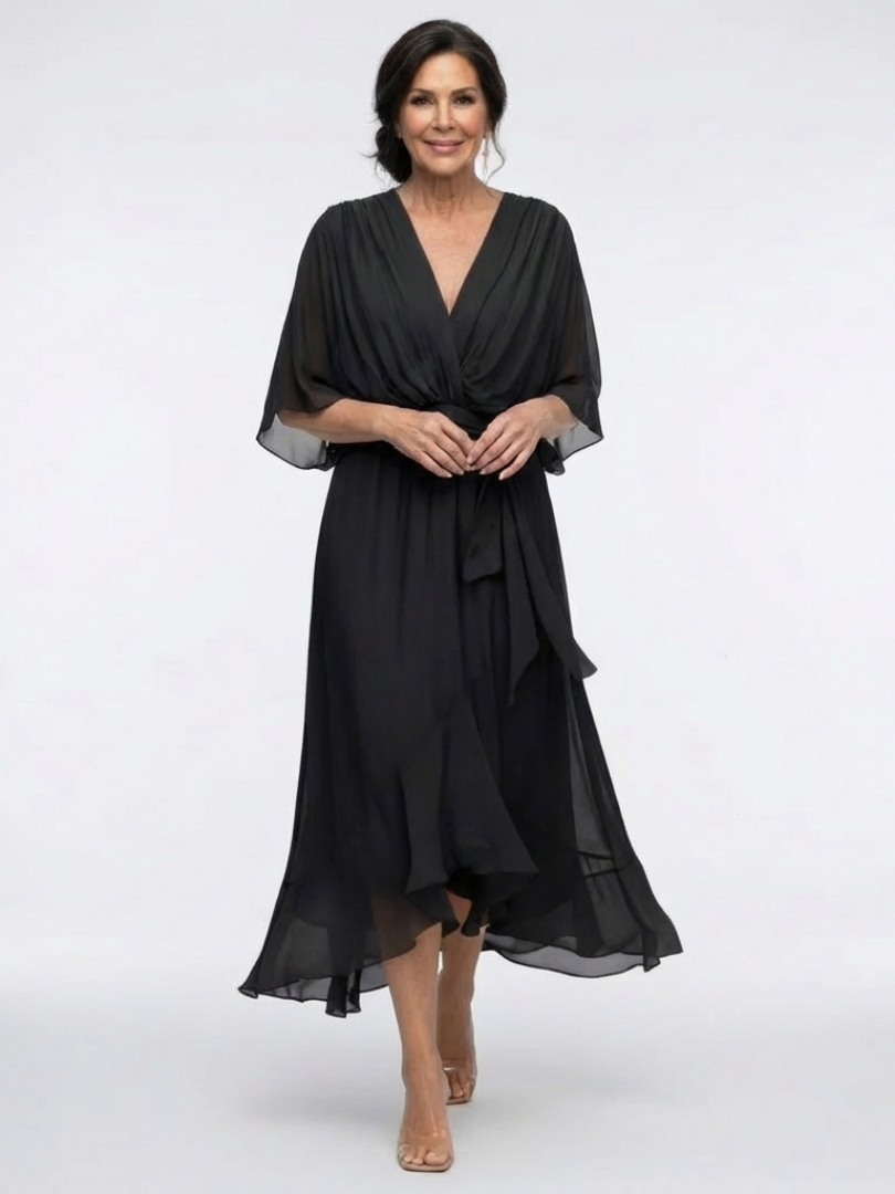 Naledi | V Neck Draped Waist Tie Midi Dress