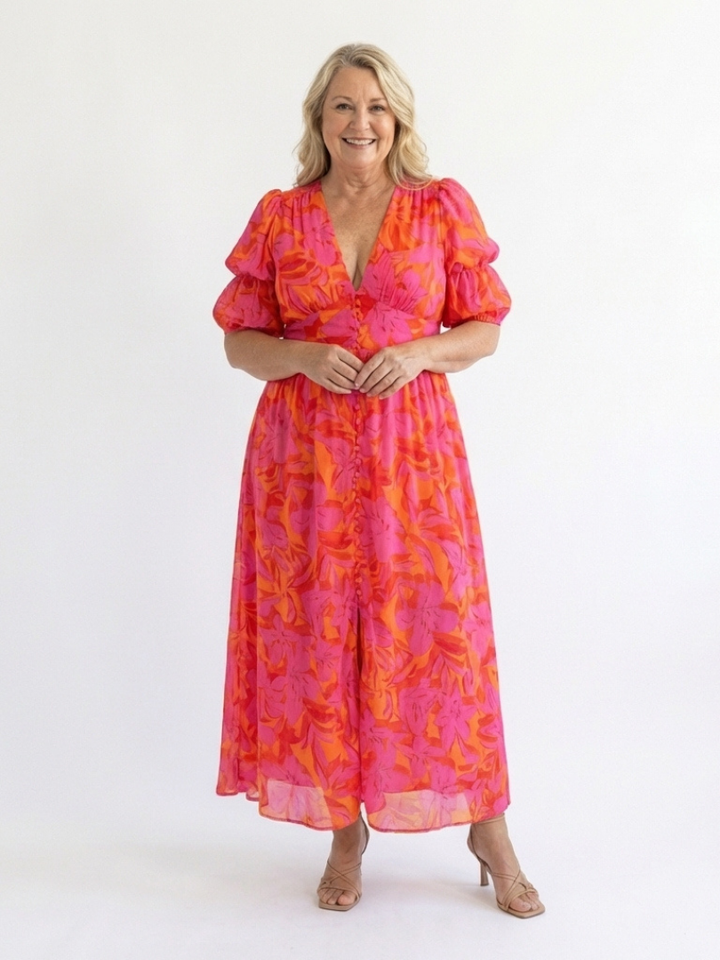 Sophie | Floral V Neck Puff Sleeve Midi Dress