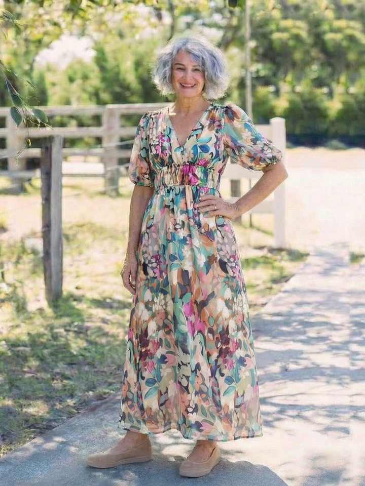 Maya | V Neck Short Sleeve Gathered Waist Midi Dress