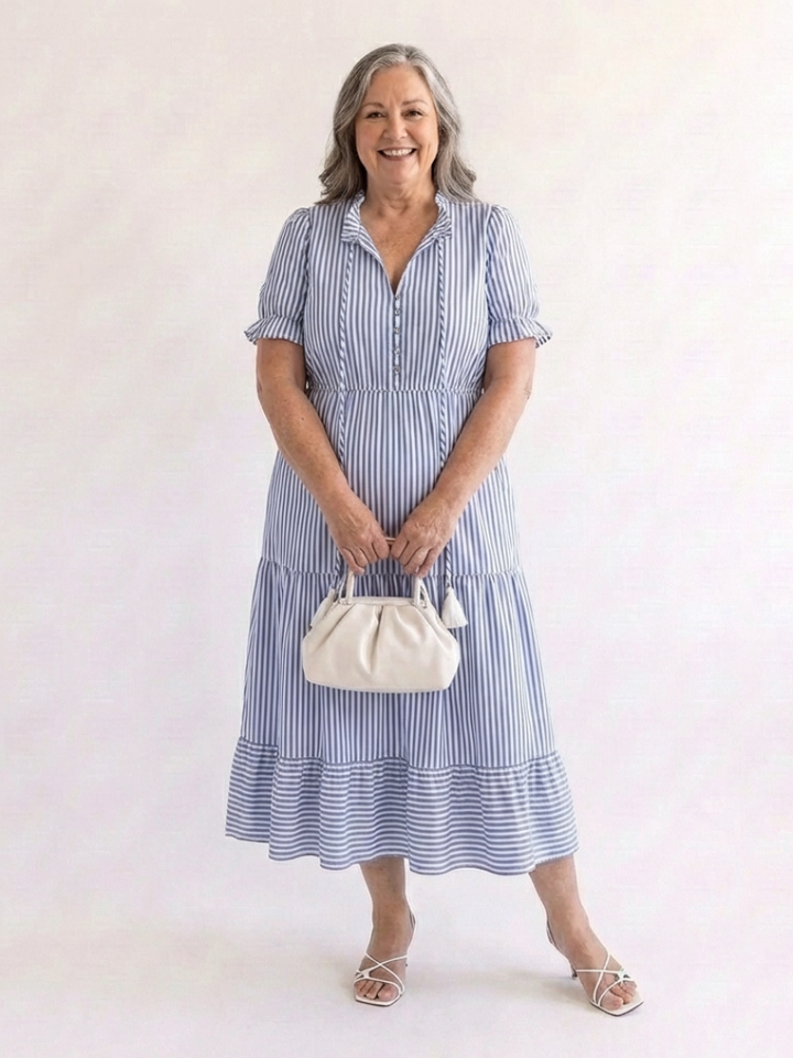 Mirelle | Short Sleeve Striped Tiered Midi Dress