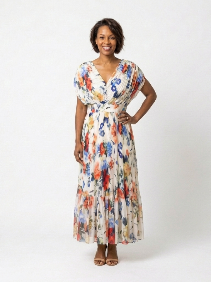 Hannah | Short Sleeve Pleated Floral Midi Dress