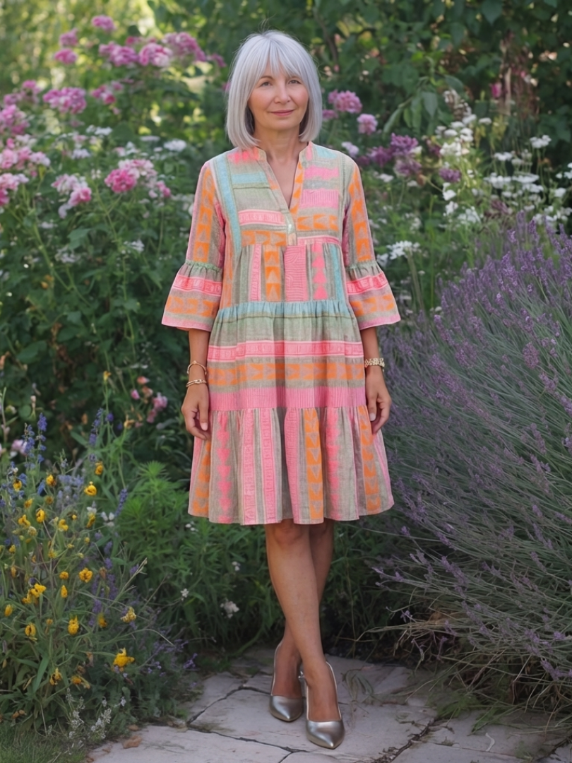 Maelis | Geometric Print V Neck Tiered Knee Length Dress