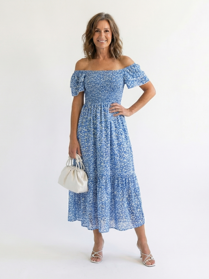 Velora | Off Shoulder Floral Smocked Midi Dress