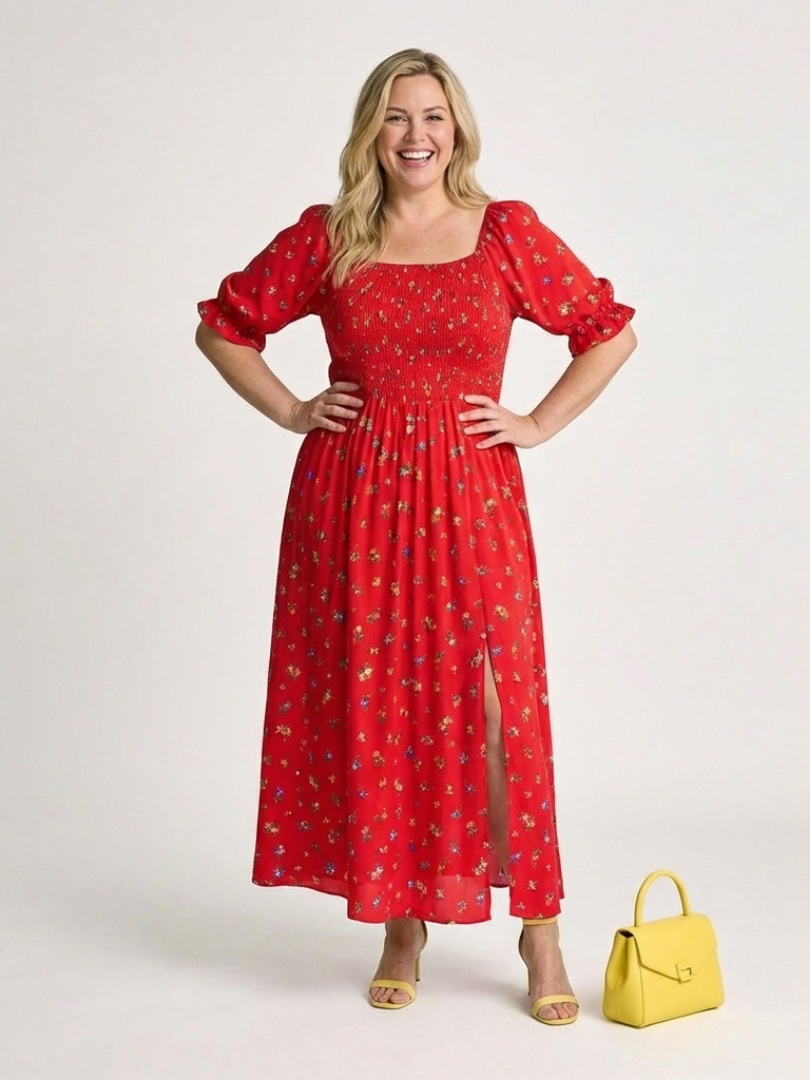 Soraya | Square Neck Floral Puff Sleeve Midi Dress