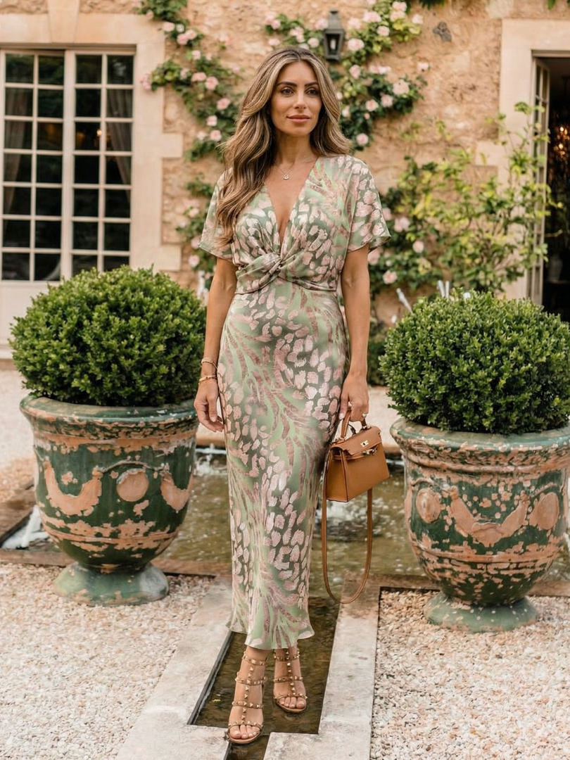 Zanele | Abstract Print V Neck Twist Waist Midi Dress