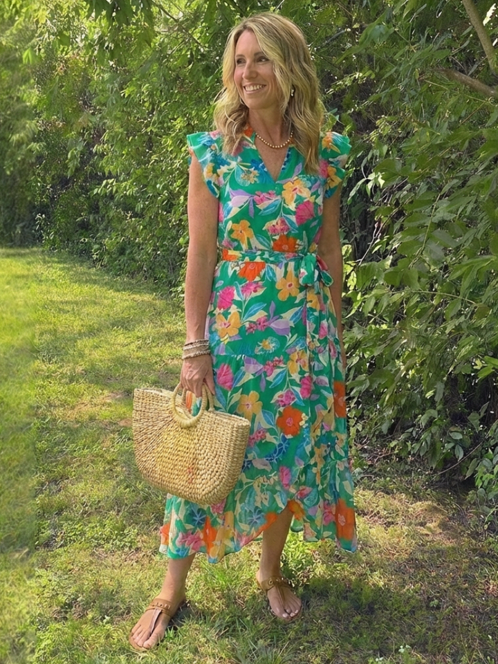 Emma | Floral V Neck Tiered Midi Dress