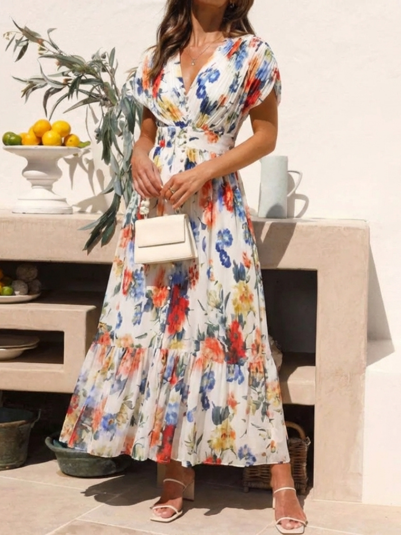 Hannah | Short Sleeve Pleated Floral Midi Dress