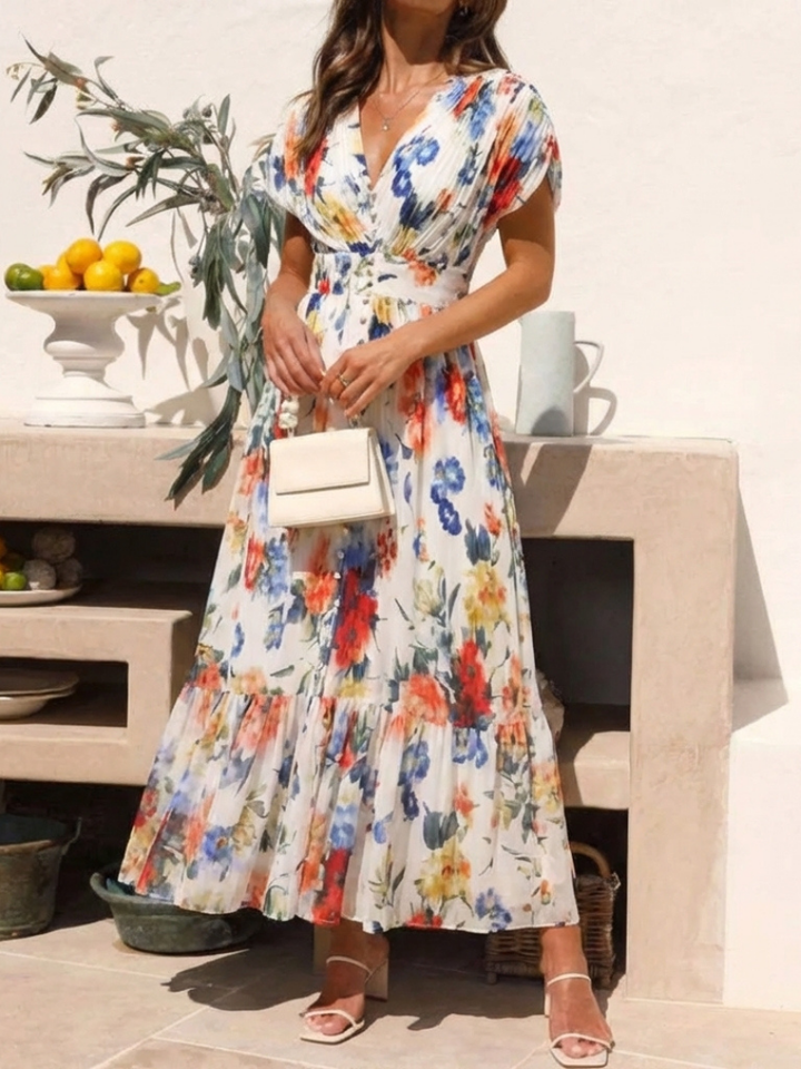 Hannah | Short Sleeve Pleated Floral Midi Dress