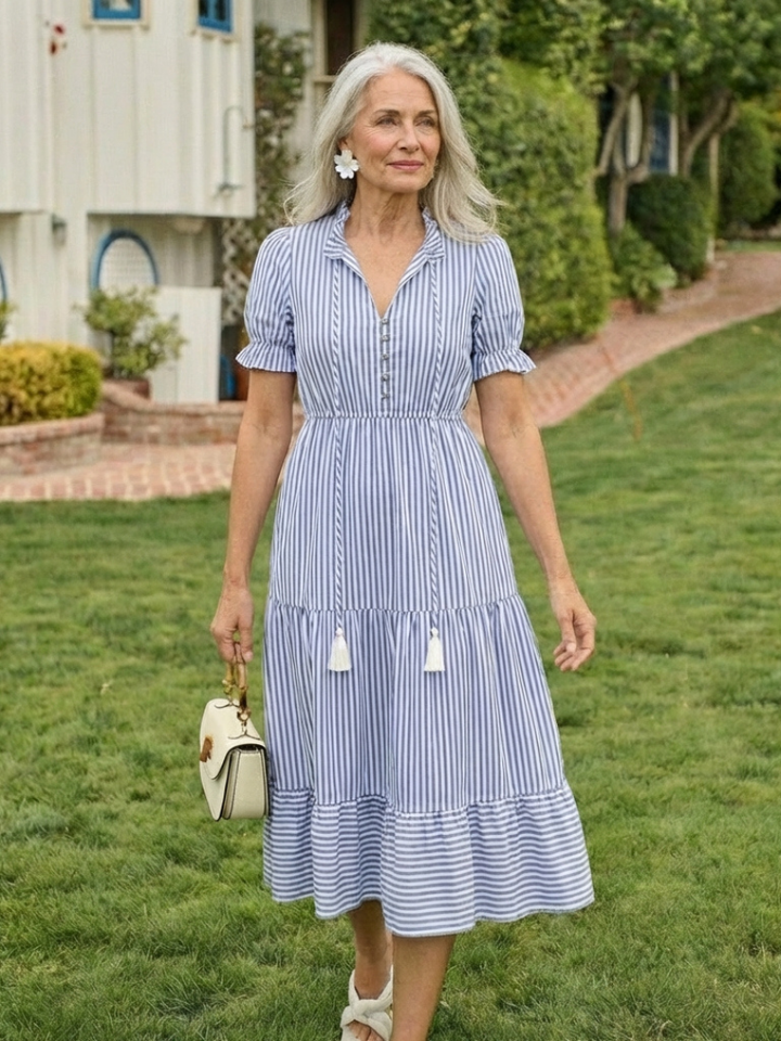 Mirelle | Short Sleeve Striped Tiered Midi Dress