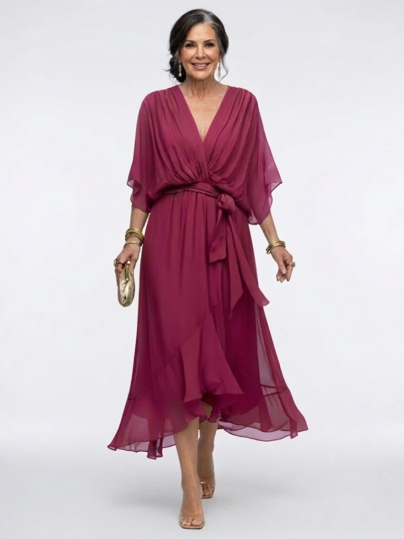 Naledi | V Neck Draped Waist Tie Midi Dress