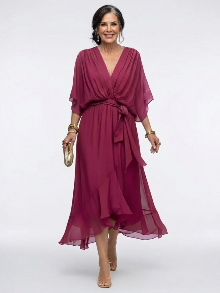 Naledi | V Neck Draped Waist Tie Midi Dress