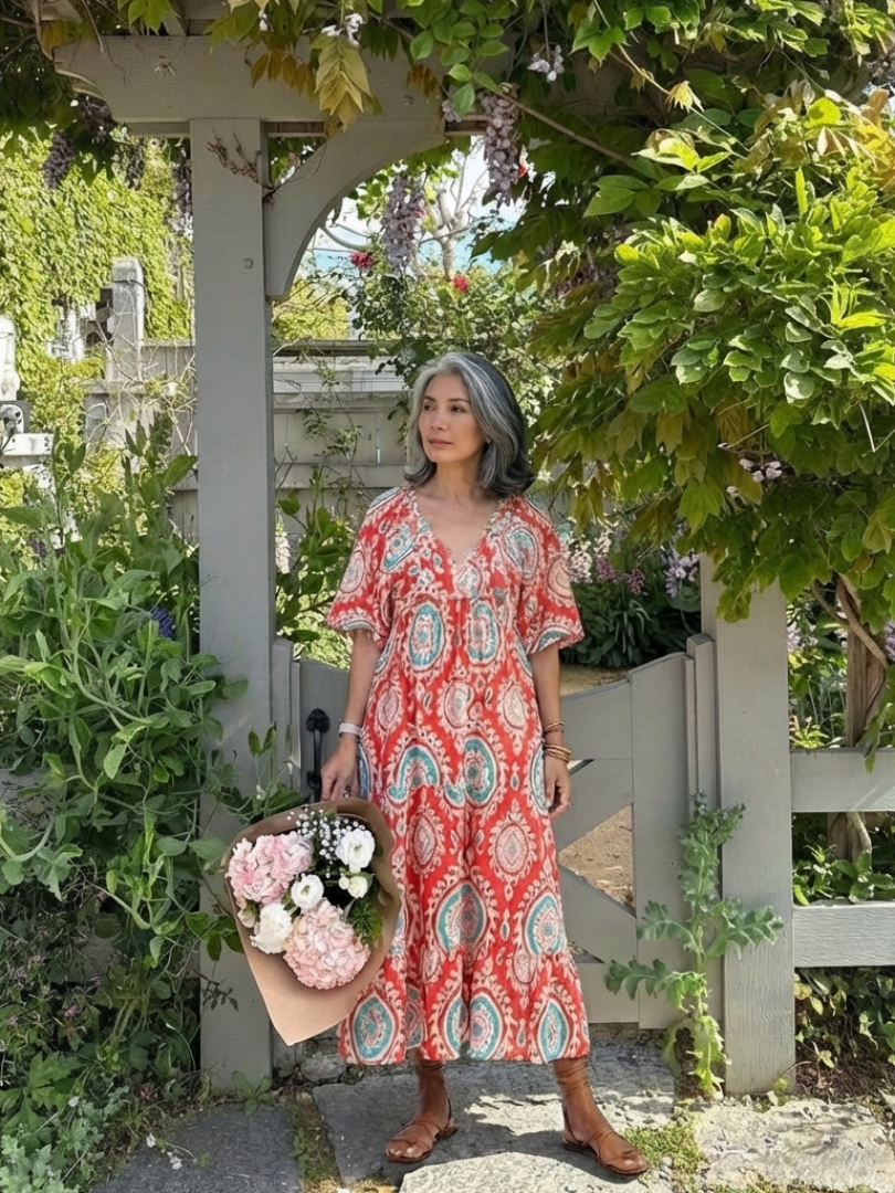 Alira | Paisley Print V Neck Short Sleeve Midi Dress