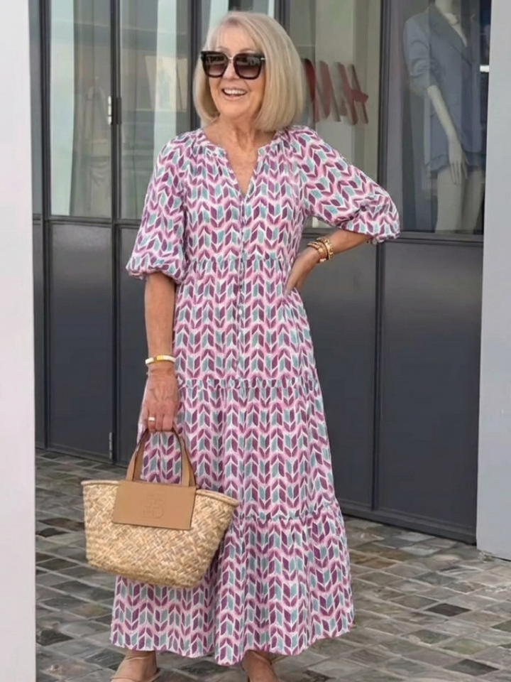 Calen | Geometric Print Long Sleeve Tiered Midi Dress