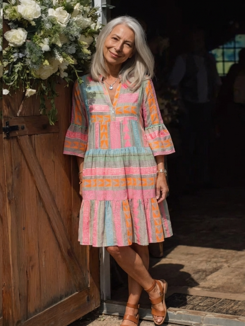 Maelis | Geometric Print V Neck Tiered Knee Length Dress