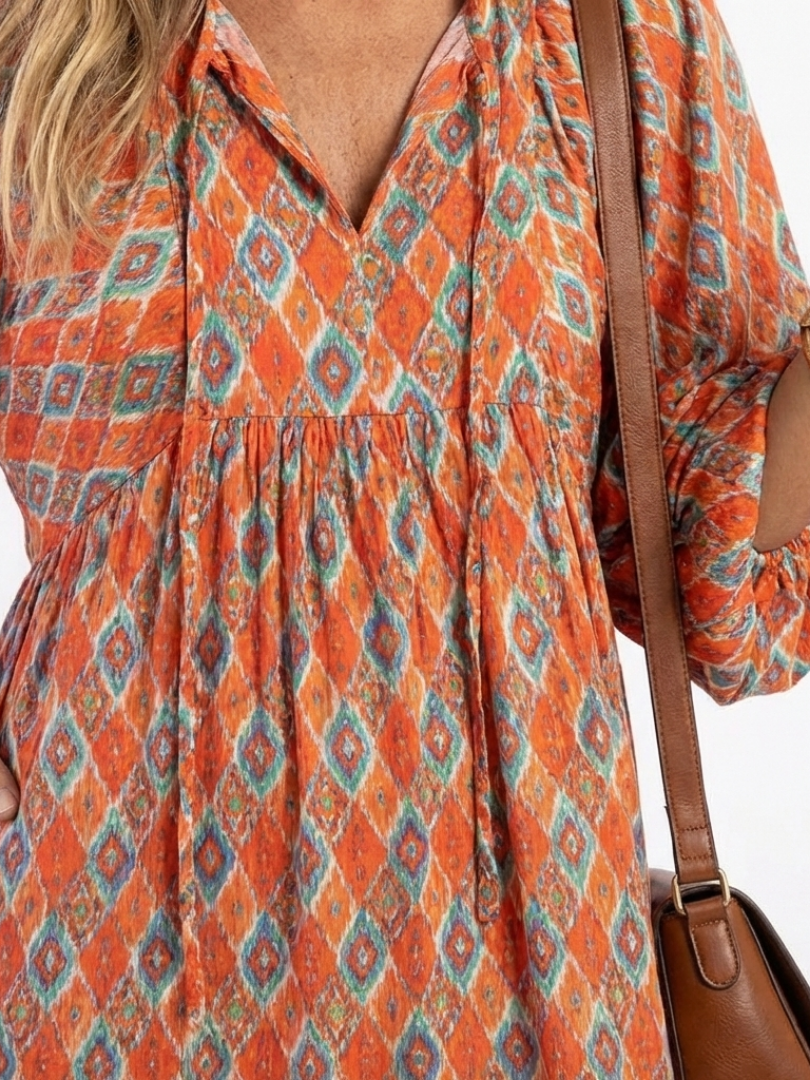 Elaris | Geometric Print V Neck Tiered Midi Dress