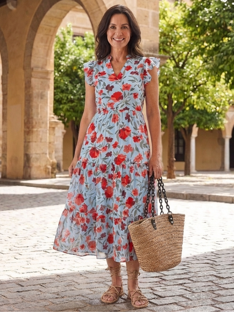 Emma | Floral V Neck Tiered Midi Dress