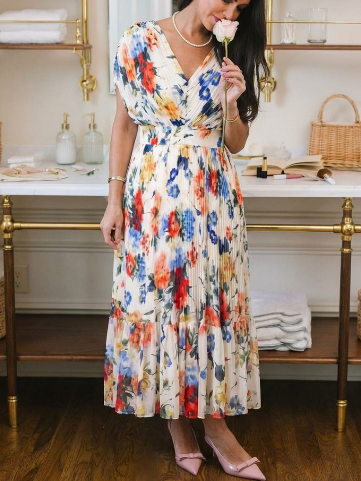 Hannah | Short Sleeve Pleated Floral Midi Dress