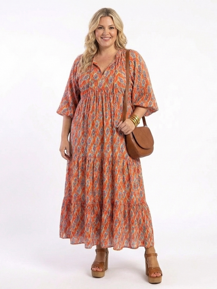 Elaris | Geometric Print V Neck Tiered Midi Dress