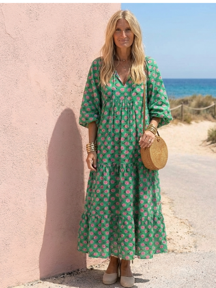 Lioren | Floral Print V Neck Tiered Midi Dress
