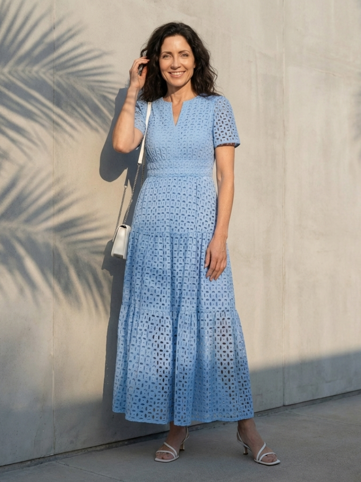 Arielle | V Neck Short Sleeve Tiered Midi Dress