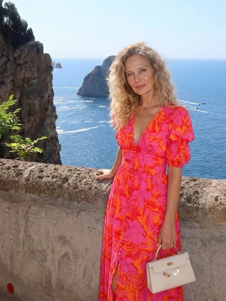Sophie | Floral V Neck Puff Sleeve Midi Dress