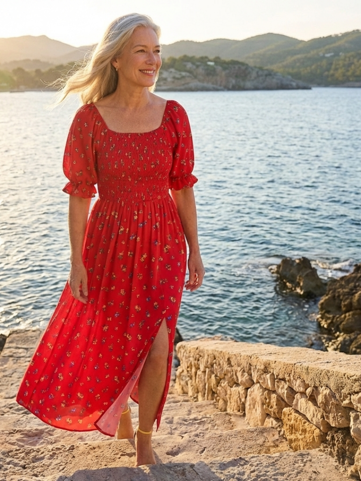 Soraya | Square Neck Floral Puff Sleeve Midi Dress