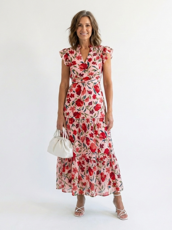 Emma | Floral V Neck Tiered Midi Dress