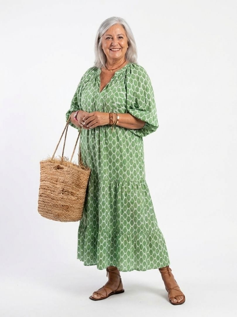 Ella | Three Quarter Sleeve V Neck Patterned Midi Dress
