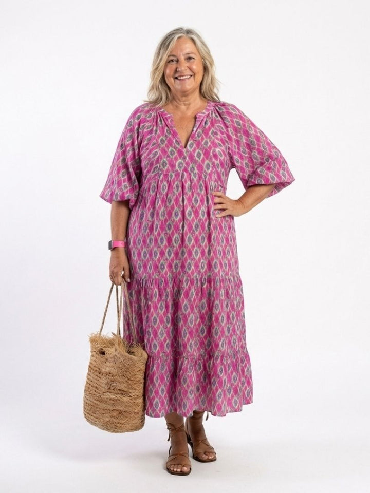 Ella | Three Quarter Sleeve V Neck Patterned Midi Dress