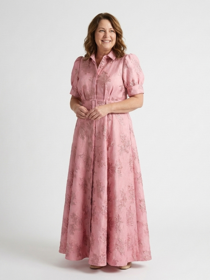 Elise | Short Sleeve Belted Floral Textured Maxi Shirt Dress