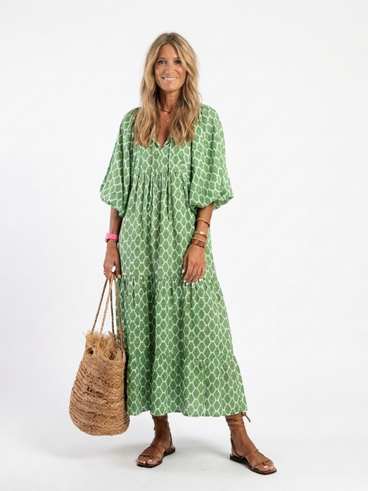 Ella | Three Quarter Sleeve V Neck Patterned Midi Dress