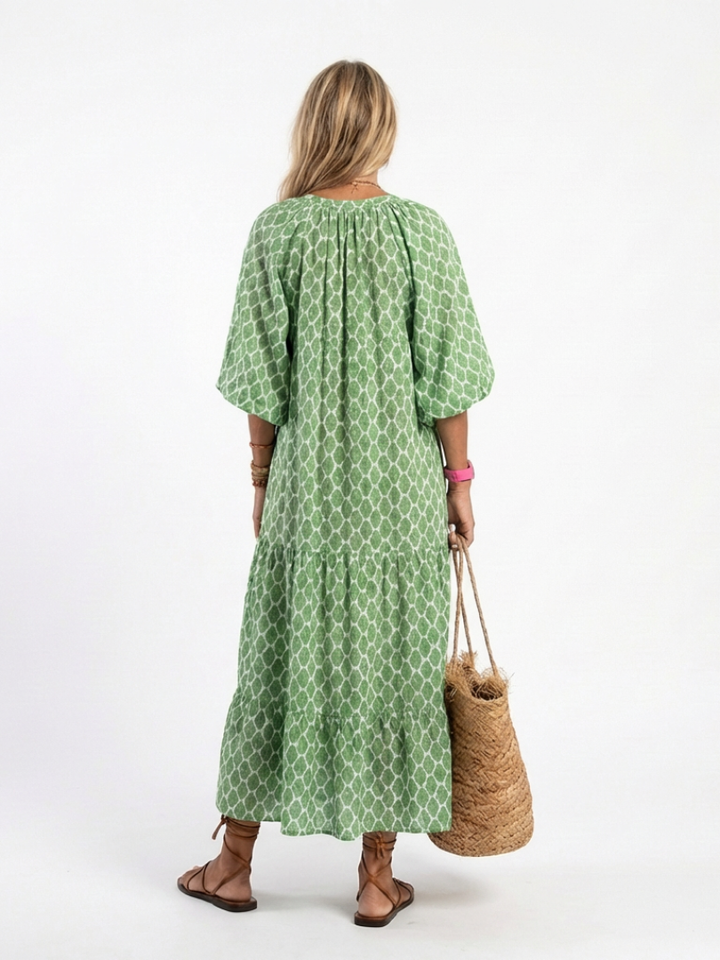 Ella | Three Quarter Sleeve V Neck Patterned Midi Dress