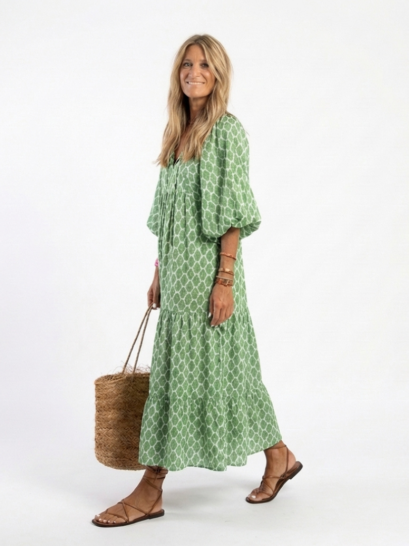 Ella | Three Quarter Sleeve V Neck Patterned Midi Dress