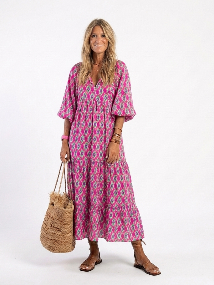 Ella | Three Quarter Sleeve V Neck Patterned Midi Dress