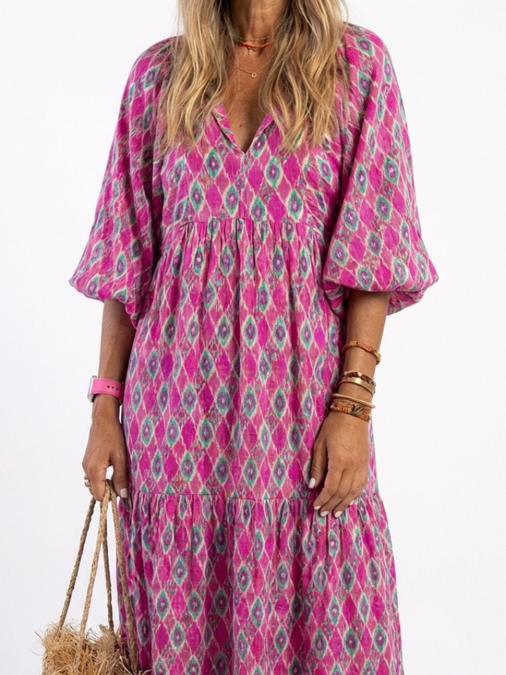 Ella | Three Quarter Sleeve V Neck Patterned Midi Dress
