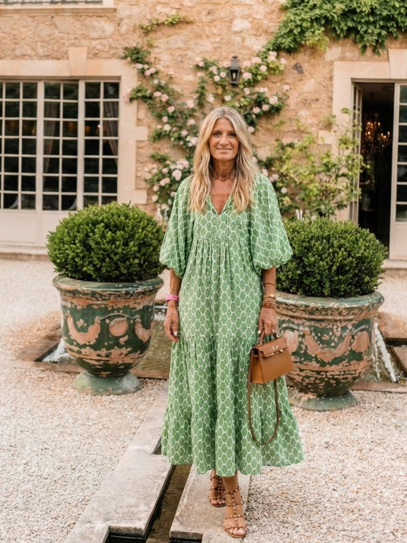 Ella | Three Quarter Sleeve V Neck Patterned Midi Dress