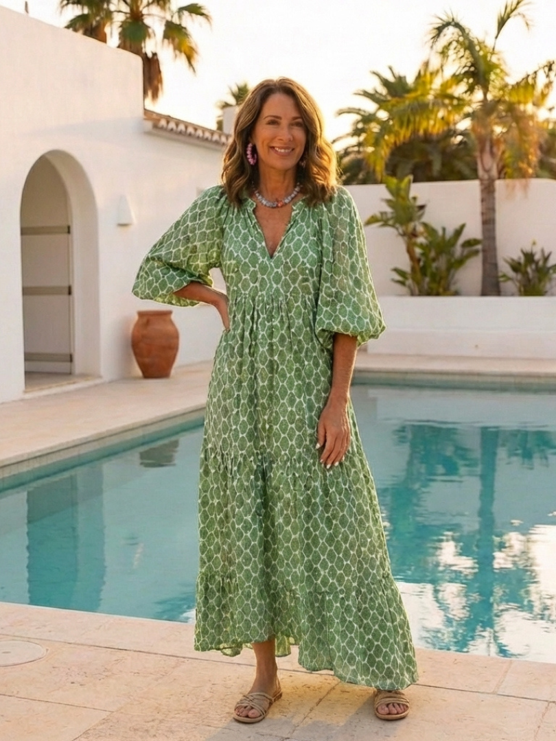 Ella | Three Quarter Sleeve V Neck Patterned Midi Dress