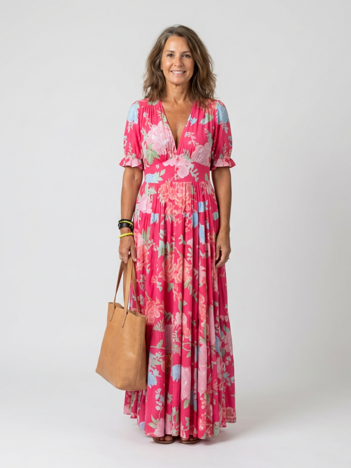 Ava | Short Sleeve V Neck Floral Midi Dress