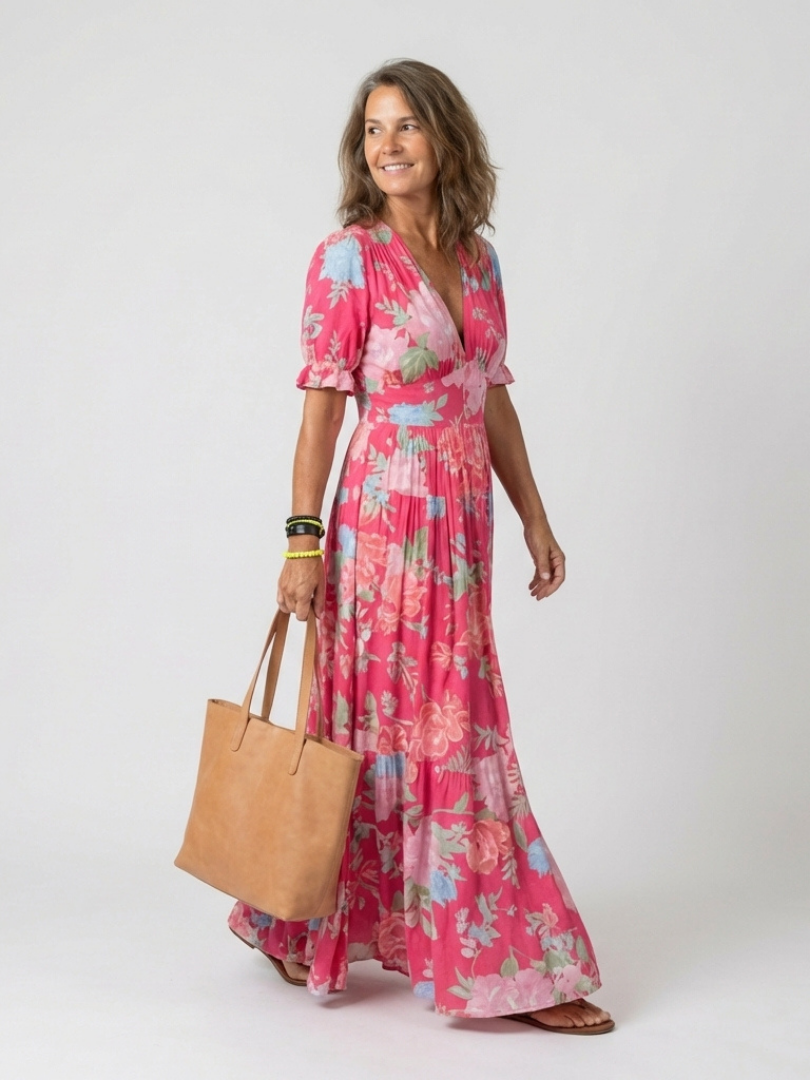 Ava | Short Sleeve V Neck Floral Midi Dress