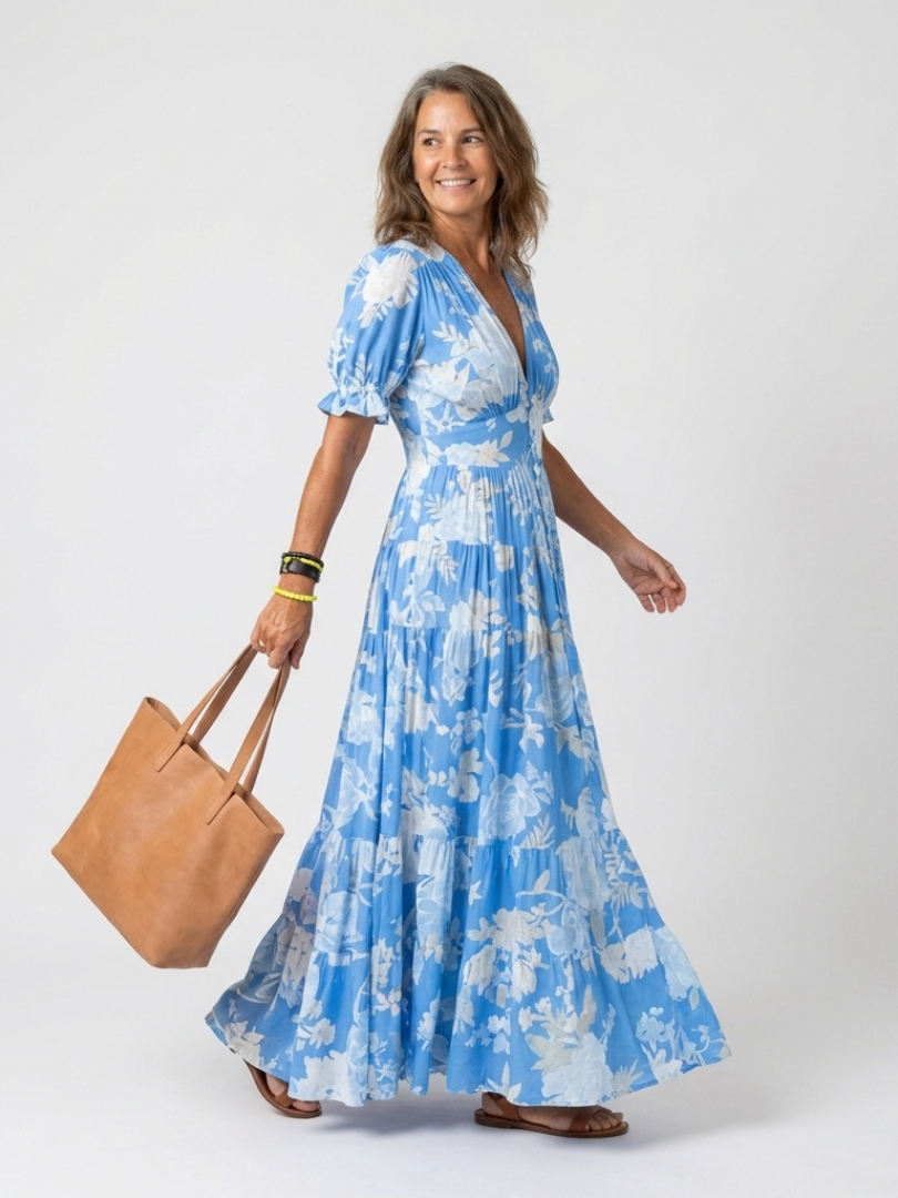 Ava | Short Sleeve V Neck Floral Midi Dress