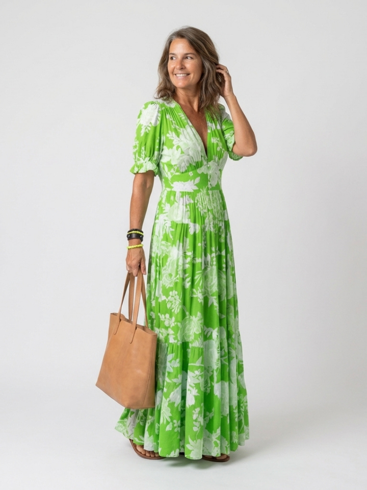 Ava | Short Sleeve V Neck Floral Midi Dress