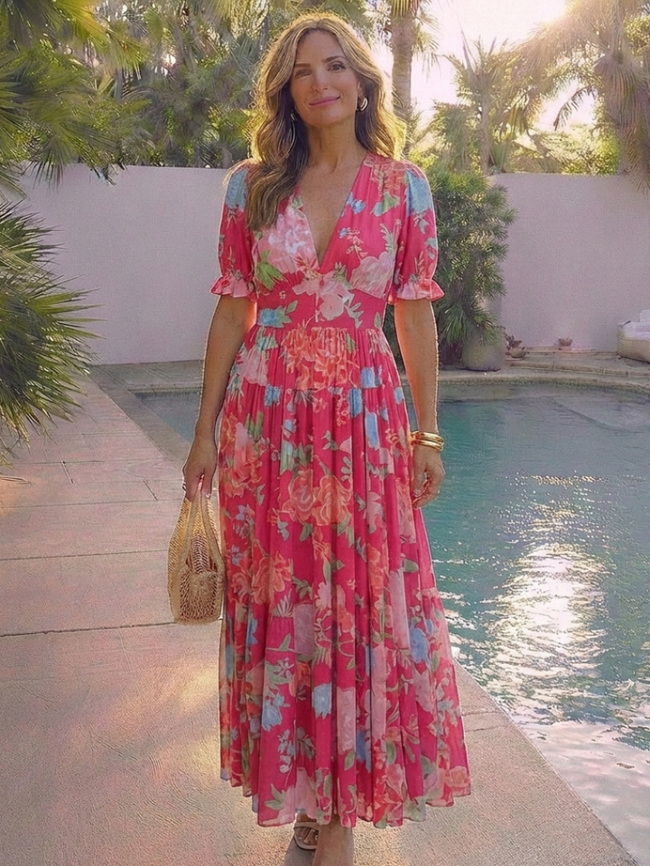 Ava | Short Sleeve V Neck Floral Midi Dress