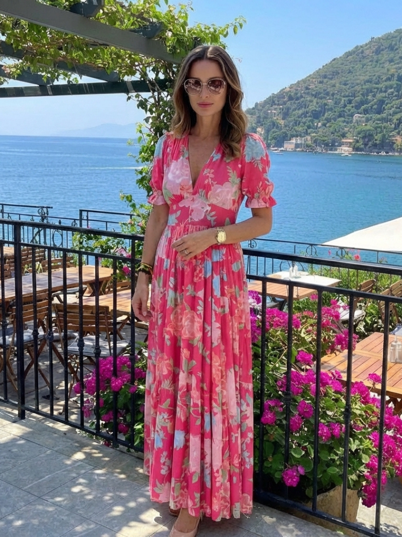 Ava | Short Sleeve V Neck Floral Midi Dress