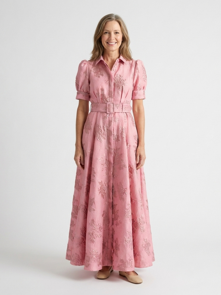 Elise | Short Sleeve Belted Floral Textured Maxi Shirt Dress