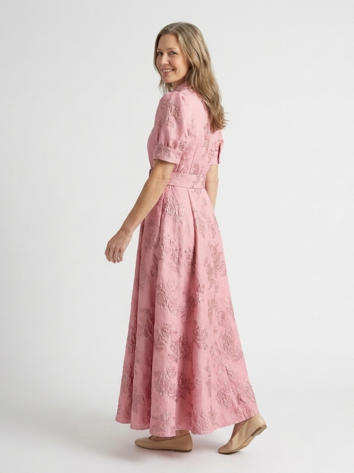 Elise | Short Sleeve Belted Floral Textured Maxi Shirt Dress
