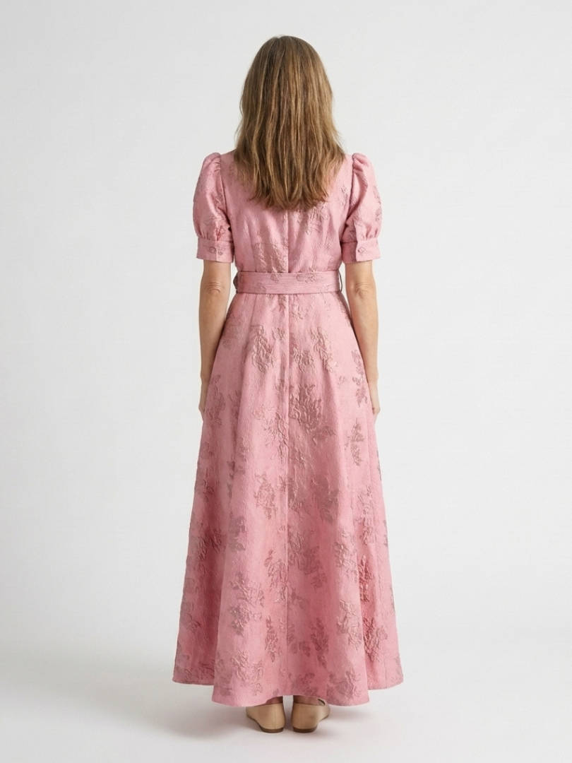 Elise | Short Sleeve Belted Floral Textured Maxi Shirt Dress