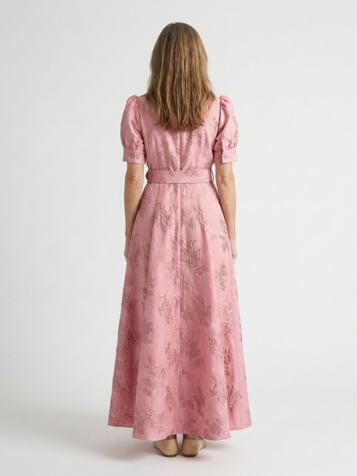 Elise | Short Sleeve Belted Floral Textured Maxi Shirt Dress