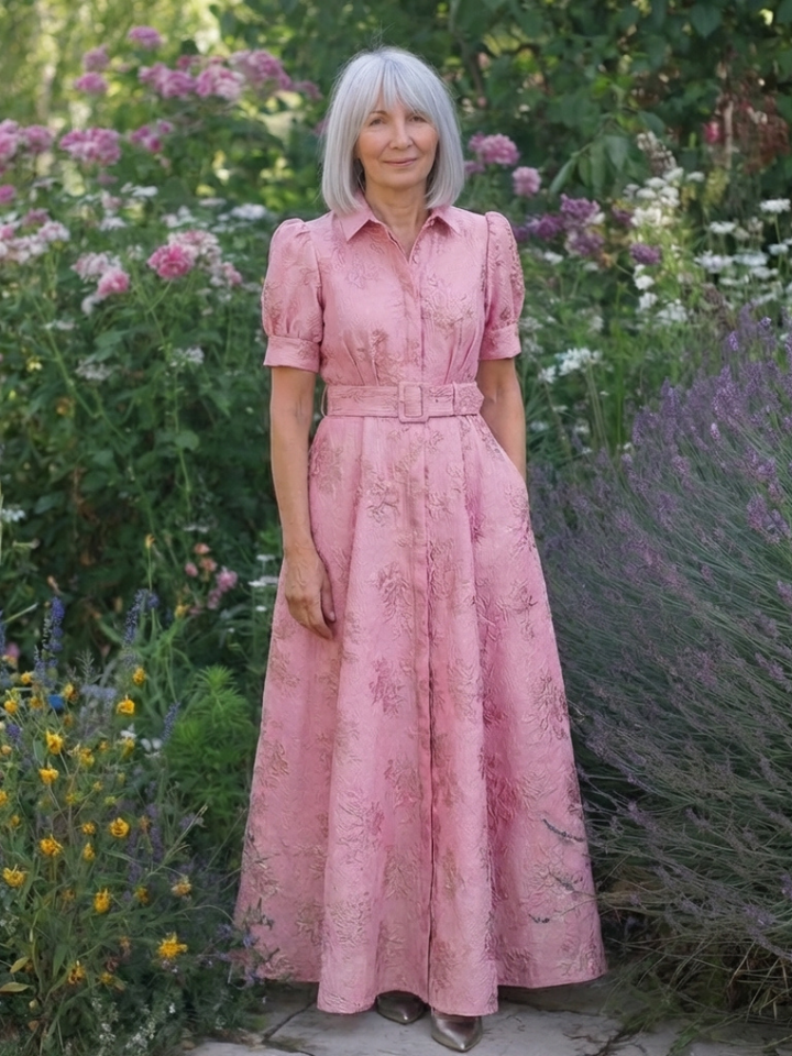 Elise | Short Sleeve Belted Floral Textured Maxi Shirt Dress