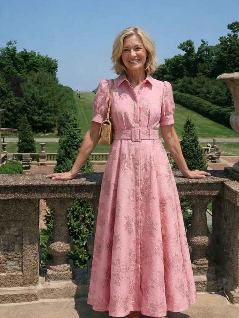 Elise | Short Sleeve Belted Floral Textured Maxi Shirt Dress